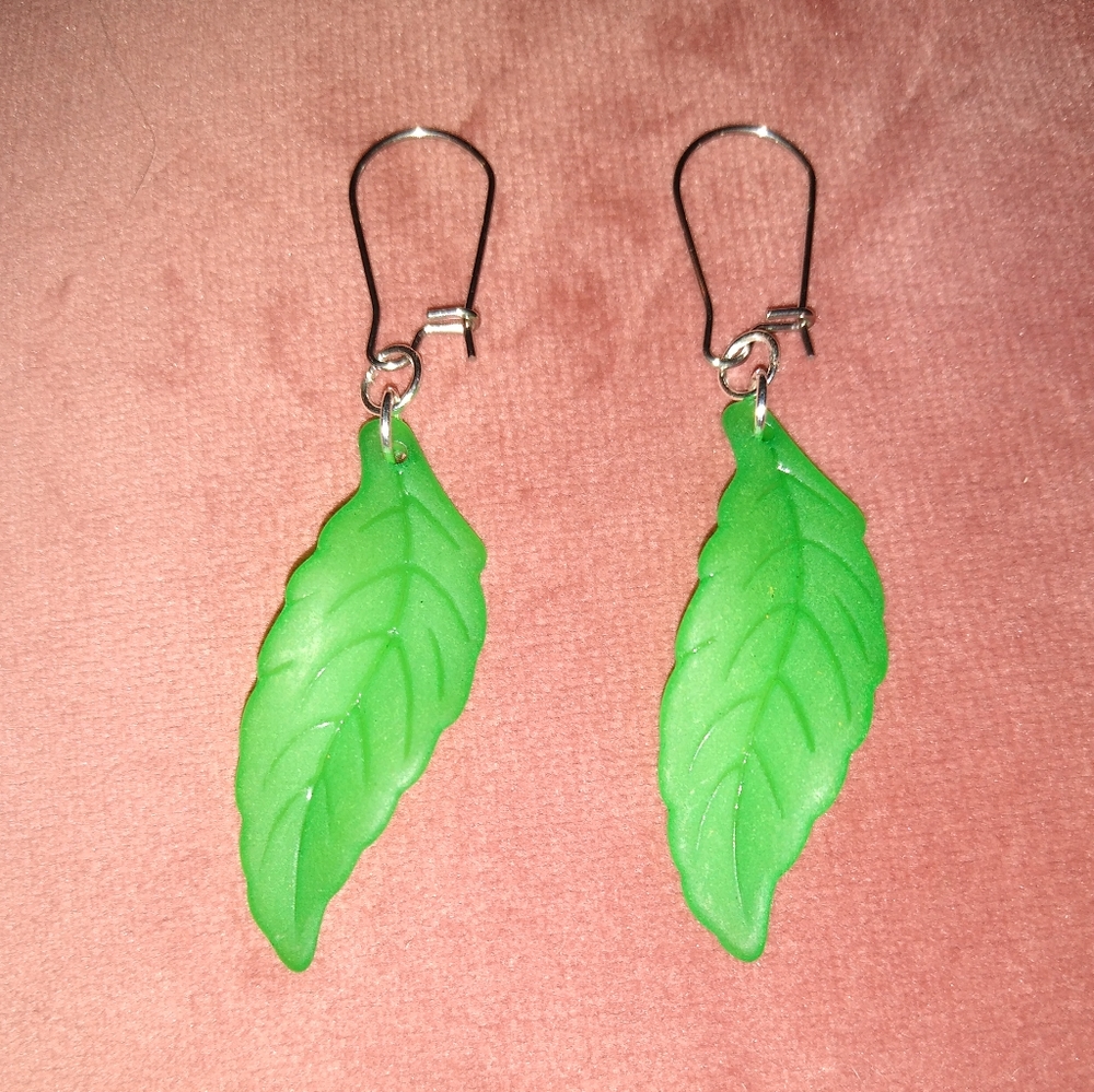 Lightweight Handmade Leaf Earrings Long Green Delicate Dangle Thin Leaves KATTA